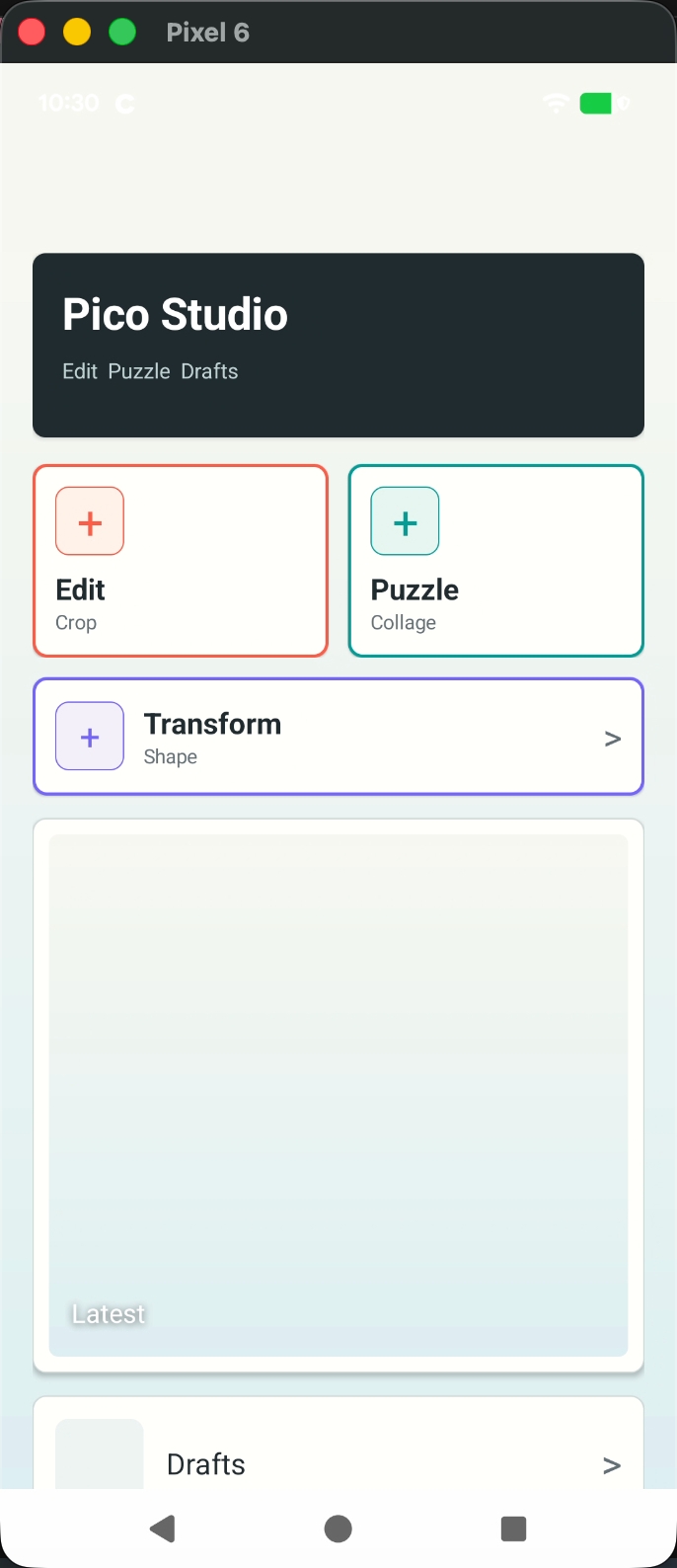 Pico Studio home screen with Edit, Puzzle, and Transform tools